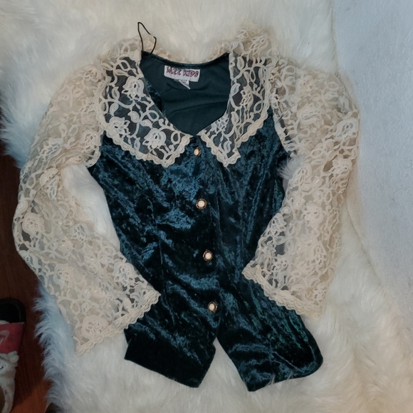 Vintage lace velvet green 80s button blouse - Picture 8 of 12